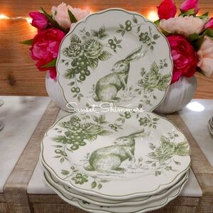 4pc Maxcera Green Toile Easter Bunny Rabbit Scalloped Cabbage Rose Dinner Plates